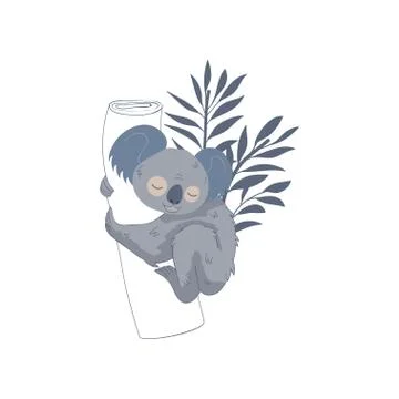 Cute sleeping koala hugging trunk of eucalyptus tree, branches with leaves Stock Illustration
