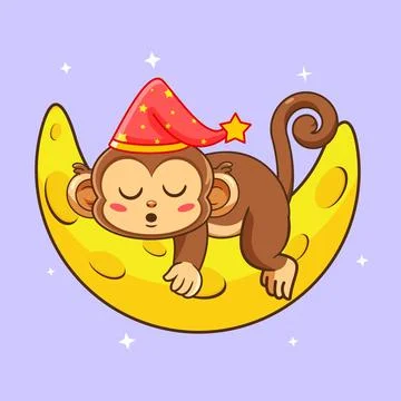 Cute Sleeping Monkey on a Crescent Moon with Starry Cap Stock Illustration
