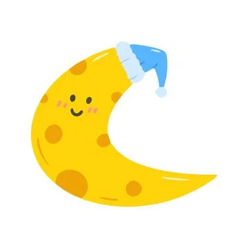 Cute Sleeping Moon with Blue Night Cap Cartoon Stock Illustration