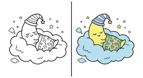 Cute Sleeping Moon On Cloud With Blanket Coloring Page For Kids Fun Stock Illustration