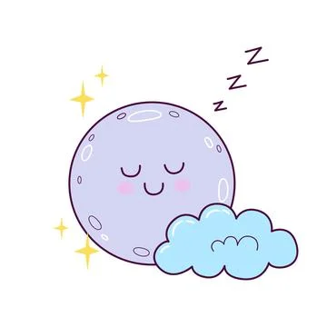 Cute sleeping moon with cloud illustration in hand drawn style Ilustração Stock