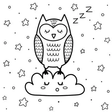 Cute sleeping owl on the cloud coloring page for kids. Good night coloring book Stock Illustration