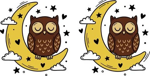 Cute Sleeping Owl on Crescent Moon with Stars and Clouds. Stock Illustration