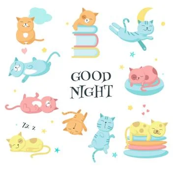 Cute sleeping pet cats vector icon set Stock Illustration