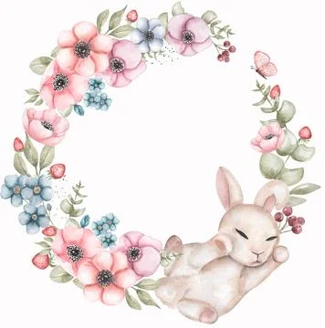 Cute sleeping rabbit, Easter white bunny in anemone flowers and wild floral.. Stock Illustration
