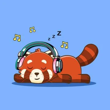 Cute Sleeping Red Panda Listen Music on Headphones Vector Illustration 스톡 일러스트