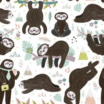 Cute sleeping sloths seamless pattern. Adorable animal background Stock Illustration