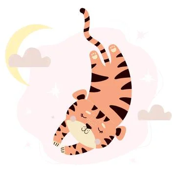 Cute sleeping tiger against the background of the sky, moon and clouds. Vector i Illustrazione stock