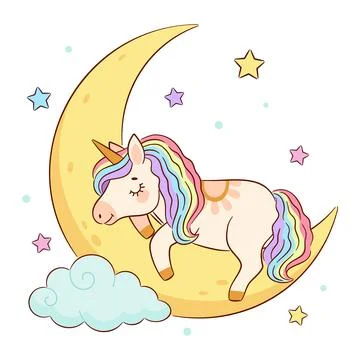 Cute sleeping unicorn on crescent moon with stars and cloud vector illustrati Stock Illustration