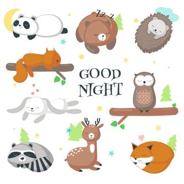 Cute sleeping wild animals vector icon set Stock Illustration