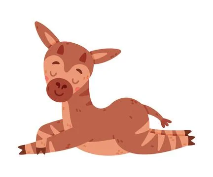 Cute sleepy baby okapi lying on ground. Funny wild African animal character Stock Illustration