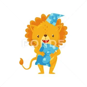 Cute sleepy little lion in a night cap with pillow, lovely animal cartoon Stock Illustration