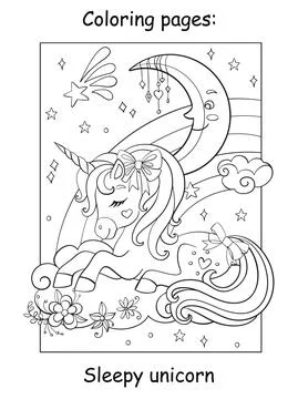 Cute sleepy unicorn lying on cloud coloring vector 스톡 일러스트