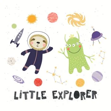 Cute sloth astronaut and alien Stock Illustration