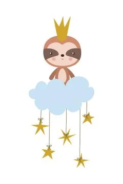 Cute sloth bear with crown over cloud vector design Stock Illustration