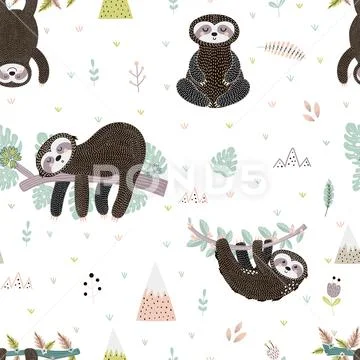 Cute sloth on the branch seamless pattern Stock Illustration