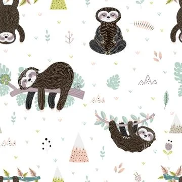 Cute sloth on the branch seamless pattern Stock Illustration