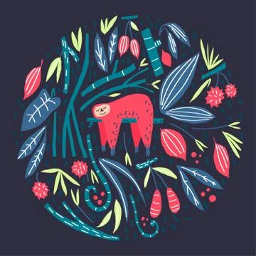 Cute sloth branches leaves and fruits composition. Cover design Stock Illustration