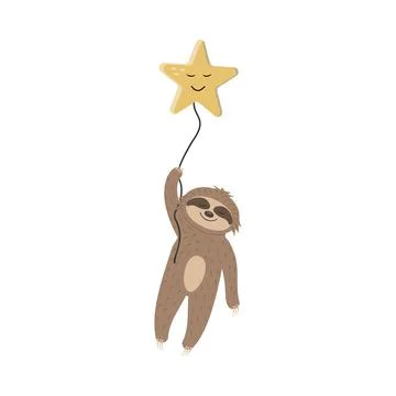 Cute sloth character flying on a star, color isolated boho style illustration Stock Illustration