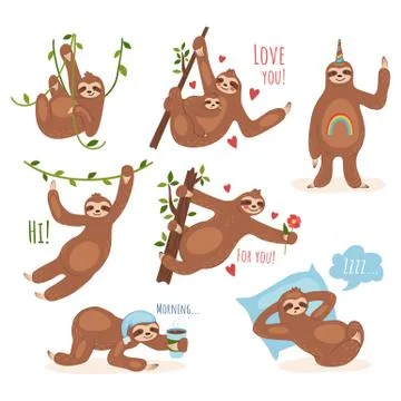 Cute sloth character performing different activities set Illustrazione stock