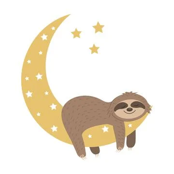 Cute sloth character sleeping on the Moon, color isolated boho style illustra Stock Illustration