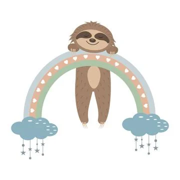 Cute sloth character sleeping on a rainbow with eyes closed color isolated bo Stock Illustration