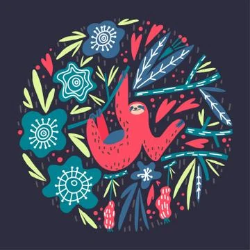 Cute sloth climbing the tree, leaves, flowers and fruits circle composition Stock Illustration