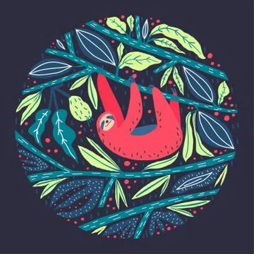 Cute sloth climbing the tree, leaves and fruits composition Stock Illustration
