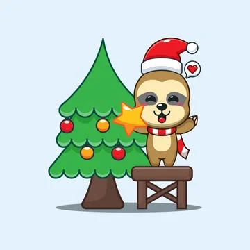 Cute sloth decorating the Christmas tree on Christmas day. Stock Illustration