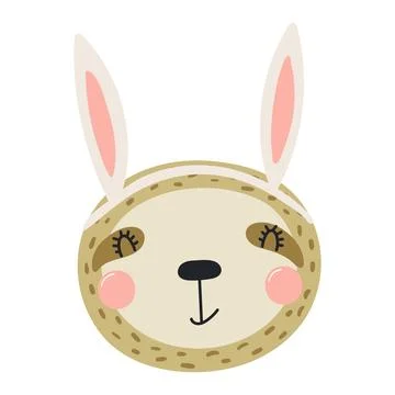 Cute sloth face with Easter bunny ears character illustration Stock Illustration
