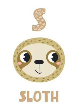 Cute sloth face, letter S, text, illustration isolated Stock Illustration