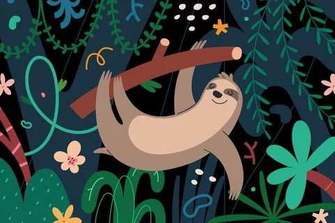 Cute sloth hanging on a tree branch in green rainforest with palms, adorable Stock Illustration
