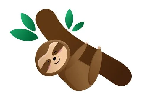 Cute sloth hanging on a tree. Vector cartoon character hugs a tree and sleeps Illustrazione stock