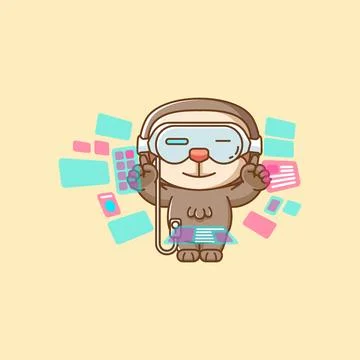 Cute sloth interact virtual reality glasses vr kawaii chibi character mascot Illustrazione stock