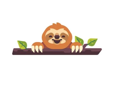Cute sloth laughing on a tree branch flat illustration. Stock Illustration