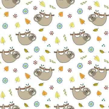 Cute Sloth Seamless Pattern, Cartoon Hand Drawn Animal Doodles Vector Illustr Illustrazione stock