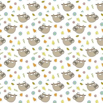 Cute Sloth Seamless Pattern, Cartoon Hand Drawn Animal Doodles Vector Illustr Stock Illustration