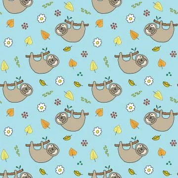 Cute Sloth Seamless Pattern, Cartoon Hand Drawn Animal Doodles Vector Illustr Stock Illustration