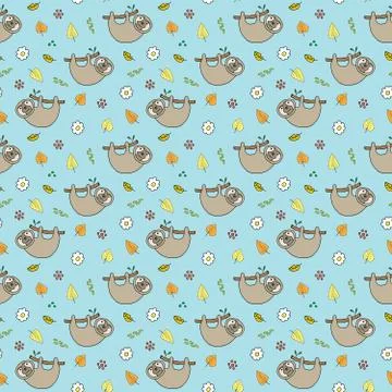 Cute Sloth Seamless Pattern, Cartoon Hand Drawn Animal Doodles Vector Illustr Stock Illustration
