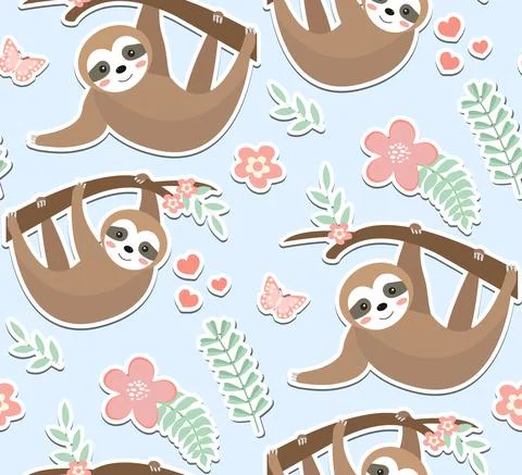 Cute sloth seamless pattern. Endless texture with trees, plants, flowers. Kids Stock Illustration