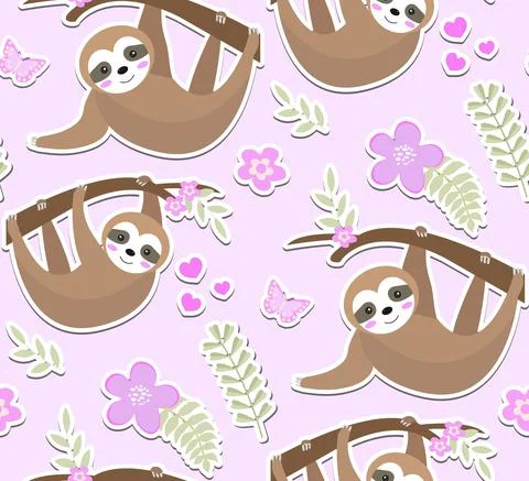Cute sloth seamless pattern. Endless texture with trees, plants, flowers. Kids イラスト素材
