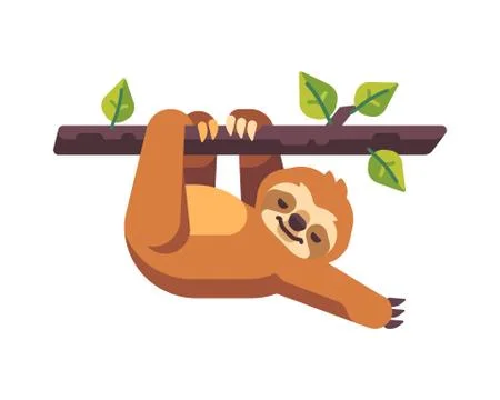 Cute sloth sleeping on a tree branch flat illustration. Stock Illustration