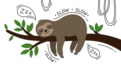 Cute Sloth Sleeping on a Tree Branch with Zzz and Slow Text. Stock Illustration