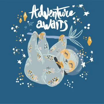 Cute sloth in space flat vector illustration. Sloth flat hand drawn space bac Stock Illustration