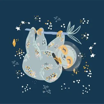 Cute sloth in space flat vector illustration. Sloth flat hand drawn space bac Stock Illustration