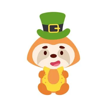 Cute sloth St. Patrick's Day leprechaun hat holds horseshoe. Irish holiday fo Stock Illustration