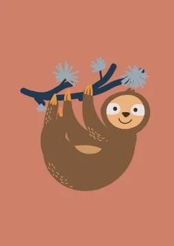 Cute sloth on tree branch vector illustration. Childish cartoon animal print Stock Illustration