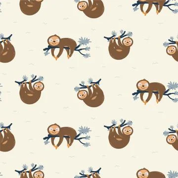 Cute sloth on tree branches seamless pattern vector. Childish cartoon animal イラスト素材