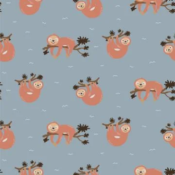 Cute sloth on tree branches seamless pattern vector. Childish cartoon animal Stock Illustration