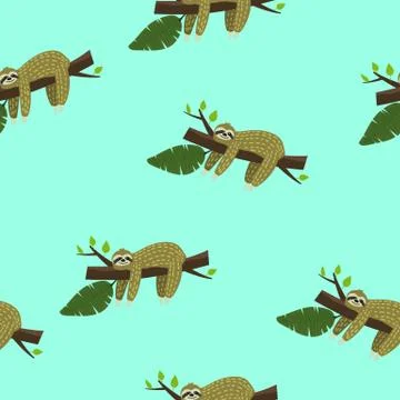 Cute sloth on tree. Seamless pattern with funny sloth, flowers, branch. Vector イラスト素材